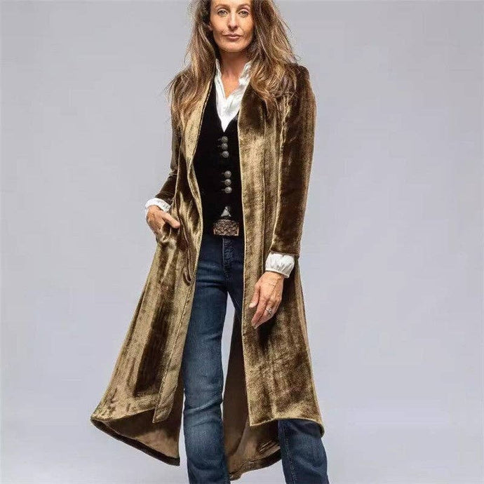 Sheer Trend - Long Velvet Solid Color Vintage Split Coat