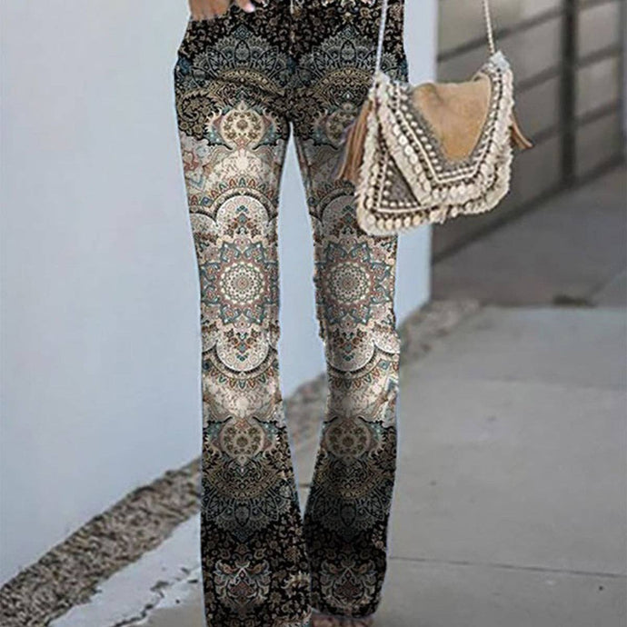 Tourtiwi - Boho Vintage Print Flared Pants: AUPYJ759 / S