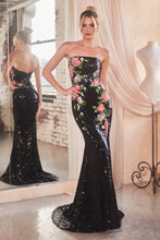 Load image into Gallery viewer, Ladivine by Cinderella Divine - STRAPLESS FLORAL PATTERNED SEQUIN DRESS