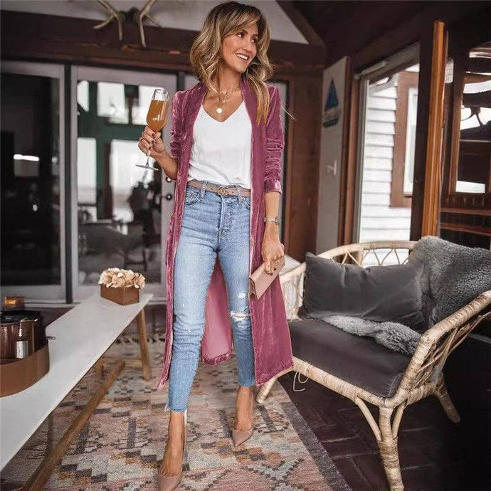 Sheer Trend - Loose Velvet Long Cardigan Coat With Elasticity