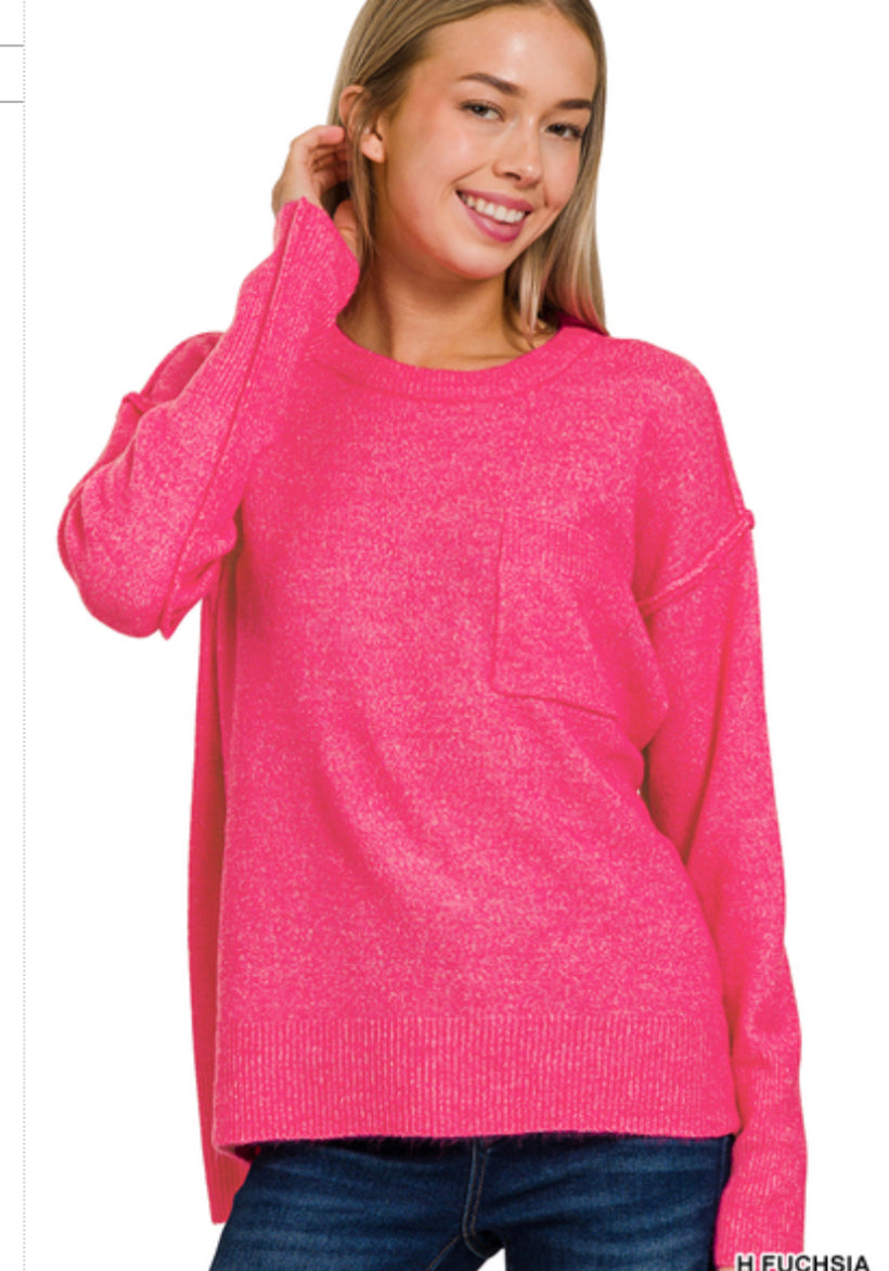 Melange Hacci Sweater with Pocket - 2 Colors - Zenana