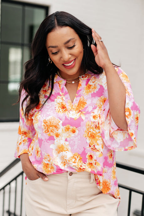 Lizzy Bell Sleeve Top in Pink and Gold Floral - Dear Scarlett - Online Exclusive