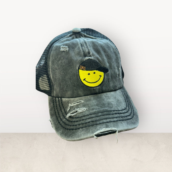 Black Denim Smiley - PonyTail -  Embroidery