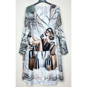 Fashionista Graphic V-Neck Sweater Tunic Dress