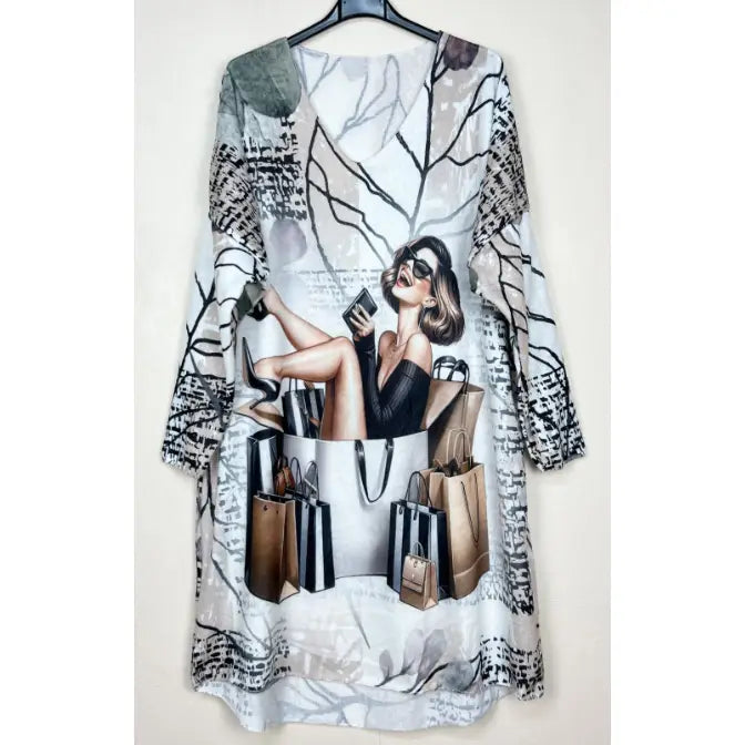 Fashionista Graphic V-Neck Sweater Tunic Dress