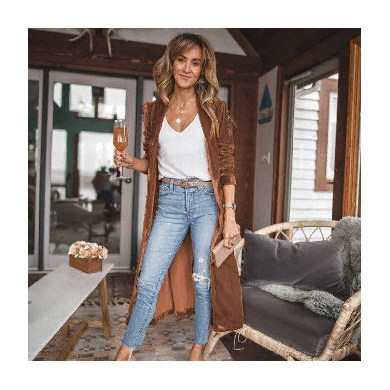 Sheer Trend - Loose Velvet Long Cardigan Coat With Elasticity