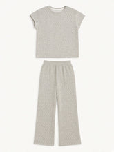 Load image into Gallery viewer, Terri Textured Set - cream and black print top with wide-leg pants flat lay