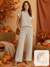 Load image into Gallery viewer, Terri Textured Set - cream and black print textured top with wide-leg pants