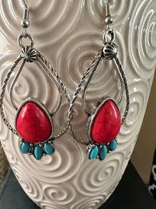 Double Hoop Turquoise and Red Stone Earrings