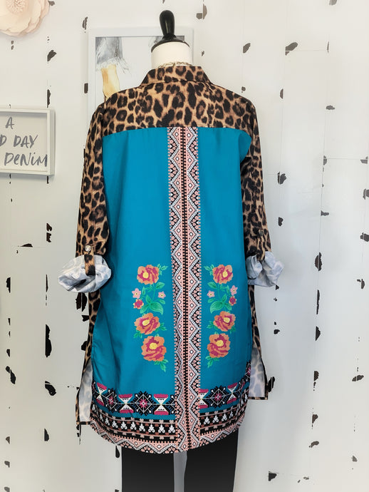 Amber Leopard Floral Back - Turq - Reg / Plus