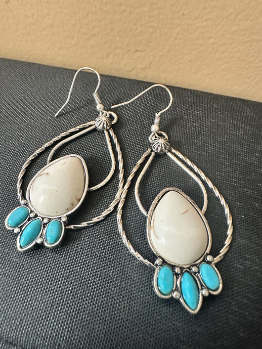 Double Hoop White and Turquoise Stone Earrings