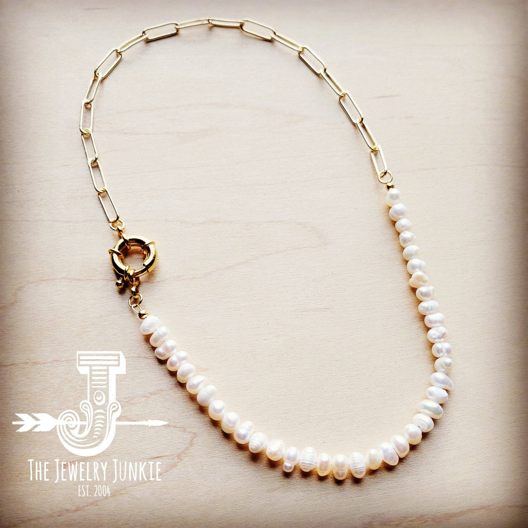 The Jewelry Junkie - Genuine Freshwater Pearl Necklace w/ Gold Chain Accent 255L