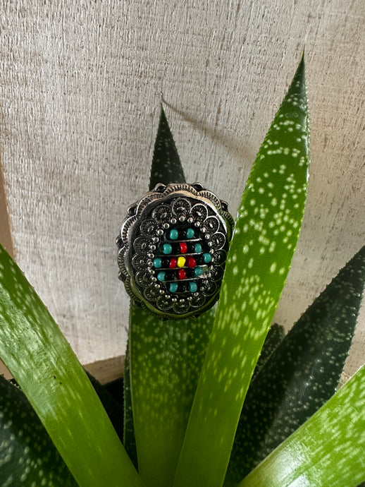 Silver Beaded Oval Ring (Black)