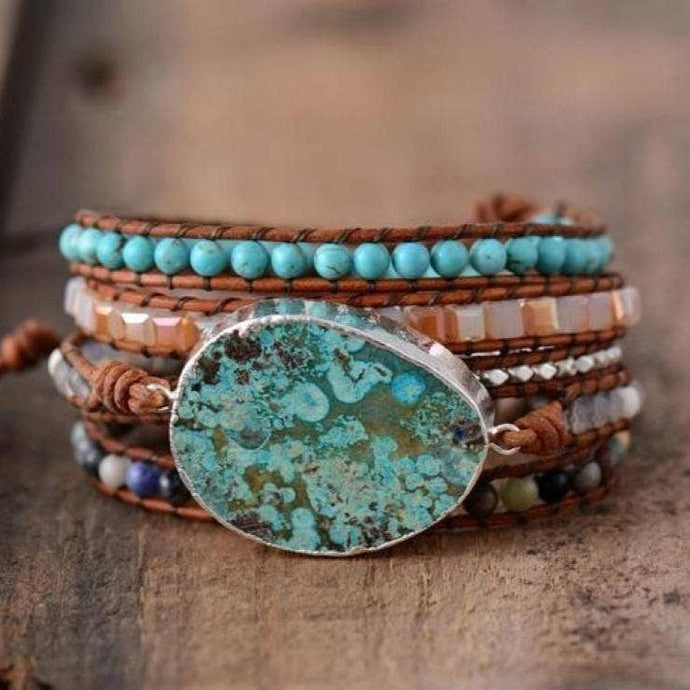 Silver Ocean Jasper Leather Wrap Bracelet - Free Spirit