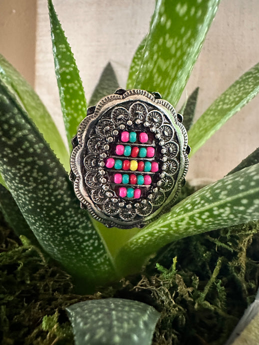 Silver Beaded Oval Ring (Pink)